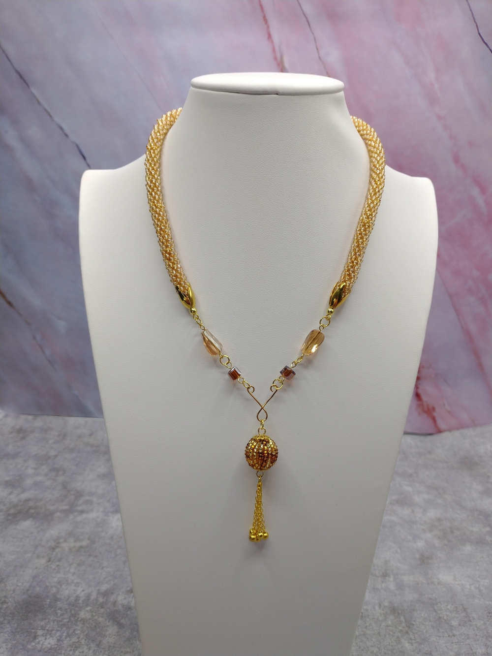 New Hand Crafted Spiral Bead Crochet Necklace,Beaded Bead Focal,Chain Tassel
